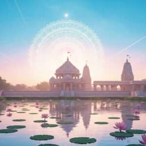 A serene, ethereal scene of Joranda Gadi, with its iconic temple architecture bathed in soft, golden light during dawn. The foreground features a tranquil water body reflecting the temple's silhouette, surrounded by delicate lotus flowers gently floating on the surface. In the background, a large, glowing mandala subtly illuminates the sky, merging traditional Indian motifs with modern digital aesthetics. The colors are a harmonious blend of pastel blues, warm golds, and soft pinks, evoking a sense of peace and spirituality. The atmosphere is calm, inviting the viewer to embark on a spiritual journey. The setting is hyperrealistic with intricate details, capturing the essence of tranquility and devotion.