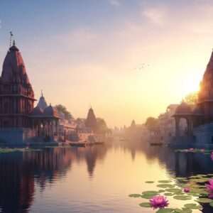 A breathtaking, serene landscape of Nevasa, depicted at sunrise with a soft, ethereal glow enveloping the sacred site. In the foreground, a tranquil river reflects the pastel hues of the dawn sky—soft blues, pale pinks, and warm golds. Alongside the riverbank, intricately detailed traditional Indian temples stand majestically, showcasing rich colors like maroon and peacock blue. Delicate lotus flowers float on the water's surface, enhancing the peaceful atmosphere. A golden mandala hovers subtly in the sky, casting a gentle light over the scene. The image captures the essence of a spiritual journey, blending traditional Indian art with modern digital aesthetics, inviting readers to explore Nevasa's sacred beauty.