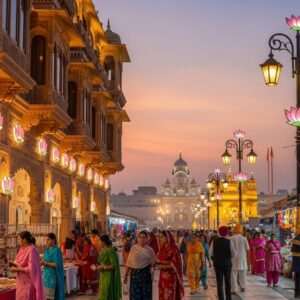 A hyperrealistic depiction of a bustling scene on Amritsar's Heritage Street, filled with vibrant energy and cultural richness. The foreground features an elegant hotel facade, reflecting a blend of traditional Punjabi architecture with modern amenities, adorned with intricate carvings and golden accents. The street is lively with Indian people in traditional attire, some taking photographs, others shopping from colorful stalls offering local crafts and delicacies. The background showcases the iconic silhouette of the Golden Temple glowing softly in the twilight, under a sky painted with warm hues of orange and pink. The entire scene is bathed in a warm, inviting glow, emphasizing a sense of spirituality and heritage, with lotus motifs subtly integrated into the decor. The overall art style is serene and ethereal, drawing the viewer into a harmonious blend of tradition and modernity.