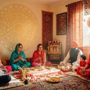 A serene depiction of a Punjabi Canadian family gathered in a vibrant, warm-lit room, decorated with traditional Punjabi artifacts and motifs. The family members, dressed in colorful, contemporary Punjabi attire, are engaged in a traditional spiritual ceremony. The room is adorned with elements like a glowing mandala on the wall, traditional instruments, and intricate patterns blending Madhubani and Pattachitra art styles. Golden light streams through a window, casting a soft glow over a prayer area with sacred texts and symbolic objects. The scene exudes a sense of harmony and reverence, emphasizing the cultural fusion of heritage and modernity.