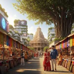 A vibrant and bustling street scene of Rajnandgaon in 2026, showcasing a harmonious blend of tradition and modernity. In the foreground, an intricately detailed Indian couple, dressed in contemporary attire with subtle traditional elements, stands in a lively marketplace. They are surrounded by stalls adorned with colorful textiles and crafts that echo traditional Indian motifs like lotus and mandalas. The background features modern buildings with digital billboards displaying cultural symbols, seamlessly integrated with lush greenery and ancient temples, hinting at the city’s rich cultural heritage. The scene is bathed in warm, golden light, creating an inviting and harmonious atmosphere. The art style is hyperrealistic with a touch of surrealism, capturing the essence of a city that honors its past while embracing the future.