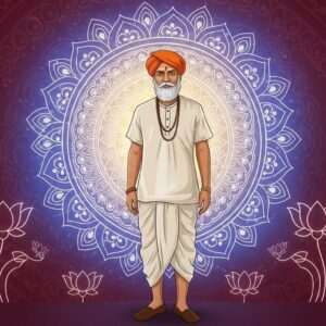 A serene and ethereal scene depicting Mahadev Desai, an iconic figure of Indian history, portrayed in a digital art style that blends traditional Indian aesthetics with modern flair. He stands confidently, dressed in a simple yet elegant khadi attire, reflecting his dedication to the Indian independence movement. The background features a large, glowing mandala representing his spiritual depth and commitment to peace. Rich colors like maroon and peacock blue dominate the scene, with soft pastel lights creating a calm, contemplative atmosphere. Lotus flowers and stylized patterns subtly accentuate the composition, embodying cultural motifs and his enduring legacy. The image should evoke a sense of reverence, inspiration, and timelessness, captivating the viewer with its harmonious blend of heritage and innovation.