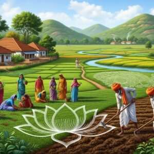 A serene rural landscape of Rajnandgaon with lush green fields and traditional Indian village houses with sloping terracotta roofs. In the foreground, a group of villagers dressed in vibrant traditional attire are engaged in farming activities, with women in colorful sarees and men in dhotis. The scene is set against a backdrop of rolling hills and a clear blue sky with soft, glowing pastel hues. Intricate patterns of mandalas and lotus motifs subtly integrated into the landscape, adding a modern artistic touch. The image captures the essence of harmony and community life, emphasizing the natural beauty and cultural richness of rural India. The overall atmosphere is peaceful and inviting, drawing viewers to explore more about the region.