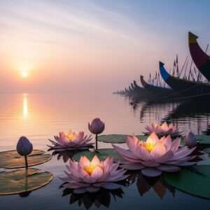 A serene, ethereal depiction of the Hooghly River at dawn, with the first light of the sun casting a warm, golden glow over the water. The river is calm, with subtle ripples reflecting the soft pastel colors of the sky in hues of pale pink and soft blue. In the foreground, intricately detailed lotus flowers float gently on the surface, their petals appearing almost translucent. Along the riverbank, traditional Indian boats with curved silhouettes are silhouetted against the rising sun. A sense of tranquility and spirituality pervades the scene, with a hint of modern digital aesthetics through the use of rich, deep colors like saffron and maroon in the boats' detailing. The image captures the sacred rhythm of the tides, inviting viewers into a harmonious moment of reflection and connection with nature.