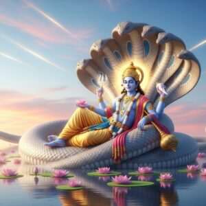 A serene and ethereal depiction of Lord Vishnu in his Anantashayana (reclining) form, resting on the coiled body of the serpent Ananta in a vast, tranquil cosmic ocean. The scene is set against a backdrop of a radiant pastel-colored sky, with soft hues of blue and pink blending seamlessly. The divine figure of Vishnu is adorned with intricate golden jewelry and a crown, his four hands holding a lotus, conch, mace, and discus. The serpent's multiple hoods are fanned out protectively over Vishnu, with an aura of gentle luminescence. Surrounding the deity, delicate lotus flowers float gracefully on the water surface, creating a sense of calm and spirituality. The atmosphere is infused with warm, glowing light, emphasizing the divine harmony and serenity of the scene, capturing both traditional Indian art forms and modern digital aesthetics.