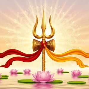 An intricately designed Trishula, its three prongs gleaming with a radiant gold finish, set against a backdrop of an ethereal, glowing mandala. The Trishula is adorned with vibrant red and saffron silk ribbons, symbolizing purity and power. Surrounding it are stylized lotus flowers and serene water ripples, reflecting a soft, pastel-hued sky of pale pink and warm gold. Subtle digital patterns inspired by traditional Indian art forms like Madhubani and Phad enhance the scene, creating a fusion of cultural heritage and modern digital aesthetics. The atmosphere is mystical and inviting, highlighting the Trishula's significance in a contemporary yet spiritual context.