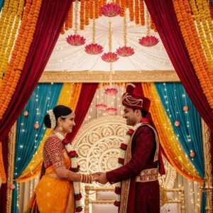 A beautiful and serene scene depicting a traditional Marathi wedding ceremony. The couple, dressed in elegant Marathi attire - the bride in a vibrant, saffron-colored saree with intricate gold jewelry and the groom in a regal sherwani and pheta (traditional Marathi turban), stand under a gorgeously decorated mandap (wedding canopy) adorned with marigold flowers and lotus motifs. Soft glowing lights illuminate the setting, creating a warm and ethereal atmosphere. In the background, an ornate, glowing mandala and traditional Poojn elements add to the spiritual ambiance. The scene captures a perfect blend of tradition and modern aesthetics, with rich colors like maroon, peacock blue, and gold enhancing the visual appeal. The focus is on the couple’s serene expressions, symbolizing the sacred union.