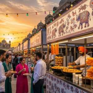 A bustling street scene on Amritsar Heritage Street during a vibrant sunset, with warm golden and saffron hues lighting up the atmosphere. Traditional Indian food stalls are lined up, displaying an array of colorful and aromatic dishes like chole bhature, lassi, and jalebi. The shopkeepers are dressed in traditional Punjabi attire, welcoming customers with warm smiles. In the foreground, a group of Indian people, diverse in age and gender, are joyfully savoring the food. Intricate patterns and motifs from Madhubani art adorn the stall canopies, blending traditional aesthetics with a modern digital style. The scene is lively, with soft pastel lights enhancing the street's cultural richness and inviting aura.