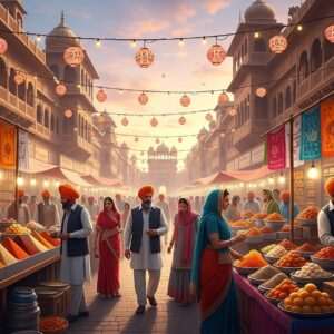 A bustling street scene in Amritsar's Heritage Street, showcasing the vibrant culture and rich heritage. The foreground features a lively market with Indian men and women in traditional attire, colorful stalls overflowing with spices, sweets, and textiles. Intricate patterns and cultural motifs like mandalas and lotus flowers are subtly woven into the scene. The street is adorned with strings of glowing lanterns, casting a warm, inviting light. In the background, the grand architecture of historical buildings with detailed facades stands tall. The sky is a serene blend of pastel hues, with a soft golden glow highlighting the scene, creating an atmosphere that is both modern and timeless. The overall feel is hyperrealistic, ethereal, and inviting, embodying the essence of Amritsar's vibrant spirit.