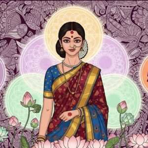 A regal Indian woman in a traditional saree, blending vibrant colors like maroon and peacock blue, standing confidently amidst an intricate tapestry of Madhubani and Pattachitra patterns. Her expression is one of strength and wisdom, with glowing mandalas subtly illuminating her presence. Around her, serene pastel hues create an ethereal glow, symbolizing the balance of tradition and modernity. Lotus flowers surround her, and in the background, abstract representations of gender equality, with male and female silhouettes in harmony, are subtly integrated into the ornate design. The scene exudes an aura of empowerment, serenity, and spiritual depth.