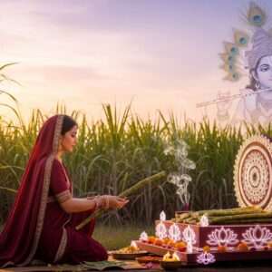 A serene and ethereal landscape with a field of lush, green sugarcane swaying gently in the breeze under a soft, pastel sky. In the foreground, a traditional Indian woman in a flowing maroon saree adorned with gold jewelry is offering sugarcane at a beautifully decorated altar. The altar is embellished with glowing mandalas and lotus flowers, with incense smoke wafting upwards. The scene is bathed in warm, golden light, creating a tranquil and spiritual atmosphere. In the background, there is a subtle, mystical depiction of Lord Krishna holding a flute, surrounded by peacock feathers, symbolizing prosperity and divine sweetness. The art style should be hyperrealistic with a modern digital touch, seamlessly blending Indian cultural motifs with a contemporary aesthetic.