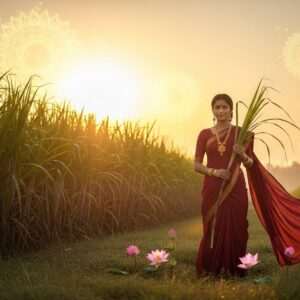 A serene Indian landscape at sunrise, featuring a lush sugarcane field with stalks swaying gently in the breeze. In the foreground, a young Indian woman in a flowing, vibrant maroon saree, adorned with gold jewelry, stands with a peaceful expression. She holds a single sugarcane stalk gracefully, symbolizing balance and nourishment. The scene is illuminated by a soft, warm golden glow, creating an ethereal, dreamlike atmosphere. Stylized lotus flowers bloom at her feet, and glowing mandalas subtly appear in the sky, blending tradition with modern digital aesthetics. The overall tone emphasizes tranquility and mindfulness, inviting readers into the world of sugarcane's benefits.