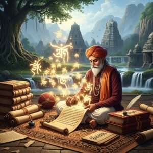An intricate, ethereal depiction of a traditional Indian scribe sitting cross-legged on an ornate carpet amidst ancient scrolls and manuscripts. The scribe is dressed in rich, traditional Bengali attire, featuring deep maroon and saffron colors. Around him, glowing patterns and symbols reminiscent of ancient Bengali script float in the air, illuminated by soft golden light. In the background, a mystical landscape merges elements of ancient temples and lush greenery with a surreal, dreamlike quality. The scene captures the harmony between history and modern digital aesthetics, with a serene ambiance that invites the viewer into a world of cultural discovery and exploration.