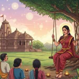 An ethereal depiction of an ancient Indian village scene, showcasing Marathi cultural heritage. In the foreground, a serene Maharashtrian woman in a traditional nauvari saree, with intricate gold jewelry and a bindi, is seated on a wooden swing under a banyan tree, symbolizing wisdom and history. Around her, children gather, listening intently as she narrates tales of Marathi's origins. The background features an ancient temple with detailed carvings and lush greenery, under a soft, pastel sky with glowing mandalas and saffron hues, embodying spirituality and tradition. The art style is a blend of traditional Indian motifs and digital aesthetics, with rich colors like maroon, peacock blue, and gold, creating a harmonious balance of heritage and modernity.