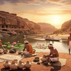 A breathtaking panoramic scene depicting the ancient site of Nevasa, with layers of time intricately woven into the landscape. The foreground features a serene riverbank where skilled artists of the Jorwe Culture are seen crafting exquisite pottery with delicate patterns. In the background, towering cliffs and ancient cave dwellings hint at Paleolithic origins, while the sky above is painted in hues of gold and saffron, suggesting the passage of time. The scene is bathed in a warm, ethereal light, with stylized depictions of lotus flowers and mandalas subtly integrated into the natural elements, creating a mystical, timeless atmosphere. Indian characters are depicted with traditional attire, reflecting their historical context, and the overall composition balances heritage with modern digital aesthetics.
