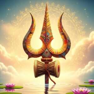 A hyperrealistic digital artwork featuring a majestic, intricately designed Trishula (trident) emerging from a serene, celestial water surface. The Trishula is adorned with vibrant, detailed patterns inspired by traditional Indian art forms like Madhubani and Pattachitra, interwoven with modern digital aesthetics. The prongs of the Trishula gleam in gold and saffron hues, set against a backdrop of ethereal pastel clouds and a softly glowing, golden mandala. Subtle lotus flowers float on the water, reflecting the spiritual theme. The scene is illuminated with warm, ambient light, highlighting the rich colors and intricate details of the Trishula, inviting viewers to explore the sacred art of devotion.