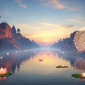 A serene depiction of the Hooghly River at twilight, with its tranquil waters reflecting the soft hues of a pastel sunset—warm gold, pale pink, and soft blue. The scene is adorned with glowing lotus flowers gently floating on the water's surface, surrounded by ethereal mist. On the riverbank, an intricately detailed mandala with a spiritual glow radiates peace and divinity. In the background, traditional Indian architectural elements hint at the region's heritage, seamlessly blending with modern digital aesthetics. The atmosphere is one of tranquility and spirituality, inviting the viewer to explore the divine essence of the Hooghly River.