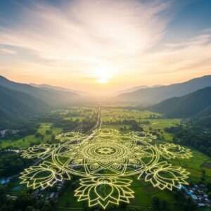 A serene, ethereal depiction of the Siliguri Corridor, showcasing a lush, verdant landscape from an elevated perspective. The corridor is framed by majestic mountains on either side, bathed in soft, warm golden light that casts gentle shadows. In the foreground, intricate patterns of traditional Indian motifs like lotus flowers and mandalas are subtly integrated into the natural scenery, adding a touch of cultural richness. The sky is a gradient of pastel blues and pinks, with wisps of clouds drifting peacefully. The scene conveys a sense of tranquility and harmony, inviting the viewer to explore and learn more about this vital geographical region. The art style is hyperrealistic with a surreal touch, incorporating modern digital aesthetics while respecting traditional Indian art forms.