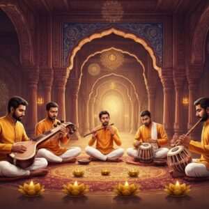 A serene and ethereal scene depicting a group of Indian musicians seated in a sacred circle within the vibrant and intricately adorned interior of Joranda Gadi, surrounded by rich hues of gold, maroon, and peacock blue. Each musician is playing a traditional Indian instrument—like the veena, tabla, and flute—capturing the essence of Mahima Bhajans. Soft, glowing lights emanate from golden lotus-shaped lamps, casting a tranquil ambiance across the scene. Intricate mandalas and spiritual symbols are subtly integrated into the background architecture, harmonizing tradition with modern digital aesthetics. The musicians' expressions are one of deep devotion and spirituality, inviting the viewer into a world of divine melody and cultural richness. The entire scene feels like a dreamlike, hyperrealistic painting, emphasizing the spiritual connection and cultural heritage of Mahima Bhajans.