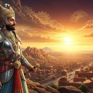 A majestic scene depicting Bappa Rawal, the legendary Indian king, standing proudly atop a hill overlooking his vast empire. He is adorned in intricate Rajput armor, with a regal crown encrusted with jewels. The landscape below shows a sprawling kingdom with ancient forts and palaces, bathed in the warm glow of a setting sun. The sky is painted in hues of saffron and maroon, with golden mandalas subtly integrated into the clouds. Bappa Rawal's steely gaze captures determination and wisdom, while fluttering banners display the royal insignia. The art style is a fusion of traditional Indian aesthetics with modern digital surrealism, featuring rich colors and intricate details that evoke the grandeur of his conquests.