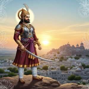 A regal Indian warrior, Bappa Rawal, stands proudly on a hill overlooking the vast expanse of the Mewar Kingdom. He is adorned in intricately designed traditional Rajput armor with gold and maroon accents, holding a gleaming sword that reflects the setting sun. His demeanor is one of strength and wisdom, with a serene expression. In the background, ancient palaces and temples are bathed in the warm golden glow of dusk. The sky is painted in pastel hues of soft blue and pale pink, with subtle hints of saffron. The scene is surrounded by stylized lotus flowers and delicate mandalas that blend traditional motifs with modern digital aesthetics. The overall atmosphere is majestic, historical, and ethereal, capturing the essence of Bappa Rawal's legacy and the rich culture of the Mewar Dynasty.