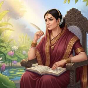 A regal Indian woman representing Tarabai Shinde, dressed in a rich maroon saree with intricate gold patterns, sits gracefully on a grand chair in a serene garden setting. The background features lush greenery and large, blooming lotus flowers. The scene is bathed in warm, golden light, emphasizing her dignified presence. Her expression is thoughtful and wise, embodying her legacy as a social reformer. She holds a quill pen in one hand, with an open book on her lap, symbolizing her groundbreaking writings. The atmosphere is ethereal and tranquil, with soft pastel hues blending seamlessly with deep colors. The art style is hyperrealistic with a modern digital touch, reflecting both her historical significance and contemporary relevance.