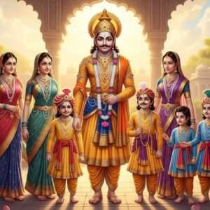 A regal, hyperrealistic illustration of Bappa Rawal, the legendary king, standing majestically with his family. Bappa is depicted in traditional royal attire, adorned with a golden crown and intricate jewelry, exuding authority and grace. Flanked by his wives, who are elegantly dressed in vibrant, flowing sarees with traditional patterns, each wearing exquisite jewelry. His sons stand proudly beside him, dressed in princely garb, symbolizing strength and valor. The background features an opulent palace with intricate carvings and a serene garden filled with lotus flowers and peacocks. The scene is bathed in a soft golden light, creating an ethereal, serene atmosphere, blending traditional Indian art forms with modern digital aesthetics. The overall composition conveys a sense of heritage, unity, and legacy.