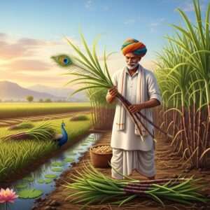 A serene, hyper-realistic depiction of an Indian farmer in a lush sugarcane field, wearing a traditional kurta and turban, harvesting ripe sugarcane stalks under a vibrant blue sky. The scene captures the different seasons with patches of sugarcane at various growth stages, from fresh green shoots to mature golden-brown stalks. The lighting casts a warm, golden glow over the field, highlighting the intricate textures of the sugarcane leaves and stalks. In the background, distant mountains and soft pastel clouds create a tranquil and ethereal atmosphere. The art style merges traditional Indian aesthetics with modern digital techniques, featuring rich colors and cultural motifs subtly integrated into the landscape, symbolizing the farmer's enduring legacy.