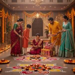 A serene and ethereal depiction of a Marathi family celebrating Diwali 2026. The scene is set in a beautifully decorated courtyard with intricate Rangoli patterns on the floor, glowing diyas (oil lamps) casting a warm, golden glow. A mother in a rich maroon saree is lighting diyas with her son, while the father in a saffron kurta and daughter in a teal lehenga are arranging colorful firecrackers. The backdrop is adorned with vibrant marigold garlands and delicate fairy lights. A large, golden mandala glows in the sky, symbolizing the spiritual essence of Diwali. The family's expressions are filled with joy and reverence, surrounded by traditional Marathi decorations and cultural motifs. The art style blends traditional Indian elements with modern digital aesthetics, featuring deep, rich colors and a harmonious, dreamlike quality, inviting readers to immerse themselves in the celebration of Diwali.