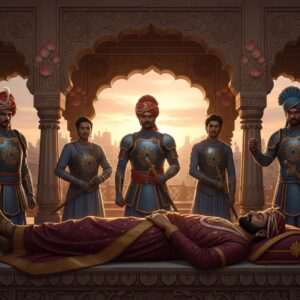 An ethereal scene depicting the legendary Indian king, Bappa Rawal, in his final moments. He is depicted in traditional Rajput attire, with a serene expression, symbolizing his peaceful departure. His eyes reflect wisdom and strength. The background features a grand, ancient palace with intricate carvings, bathed in the soft glow of a setting sun. Surrounding him are elements of his legacy: his successors, young and determined, standing with poised confidence, dressed in elegant, modern interpretations of traditional Rajput armor. The scene is enriched with cultural motifs like lotus flowers and mandalas, subtly integrated into the architecture. The color palette includes deep maroons, golds, and peacock blues, creating a harmonious blend of tradition and modern aesthetics. The atmosphere is one of reverence and continuation, capturing the essence of heritage and the dawn of a new era.