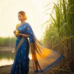 A serene, hyperrealistic scene of an Indian woman in a flowing saree in shades of peacock blue and saffron, standing gracefully in a lush sugarcane field. She holds a traditional brass cup filled with golden sugarcane juice, which glows softly in the sunlight, casting a warm, ethereal light. The background features intricate patterns of mandalas and lotus flowers subtly woven into the sugarcane leaves, blending traditional motifs with modern digital aesthetics. A gentle breeze creates a ripple effect on a calm water surface nearby, adding to the tranquility. The atmosphere is one of health, serenity, and vitality, inviting viewers to explore the holistic benefits of sugarcane juice.