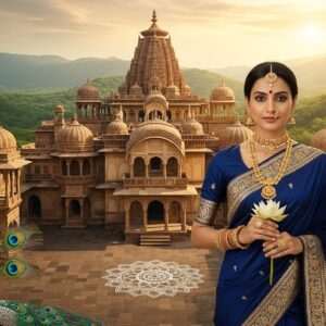 A vibrant, hyperrealistic depiction of Rajnandgaon, capturing the essence of its rich history and heritage. The scene features a majestic, ancient Indian palace with intricate carvings and traditional architectural elements, set against a backdrop of lush green landscapes under a warm, golden sky. In the foreground, an elegant Indian woman in a traditional Chhattisgarhi saree stands gracefully, adorned with intricate gold jewelry and holding a delicate lotus flower. Surrounding her are cultural motifs like mandalas and peacock feathers subtly integrated into the scene. The lighting is soft and ethereal, casting a serene glow that enhances the historical and cultural ambiance. The overall composition blends traditional Indian art styles with modern digital aesthetics, inviting viewers into the heart of Chhattisgarh's vibrant heritage.
