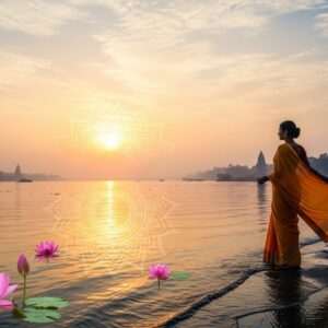 An ethereal scene of the Hooghly River at dawn, bathed in soft golden and pink light. The water surface reflects the hues of the sky, creating a surreal, tranquil atmosphere. On the riverbank, an elegant Indian woman in a flowing saffron saree stands gracefully, her silhouette blending with the serene surroundings. In the background, ancient temples and colonial architecture are faintly visible, symbolizing the river's rich history. Lotus flowers gently float on the water, and a glowing mandala subtly emerges from the mist. The composition is a harmonious blend of traditional and modern digital aesthetics, capturing the river's cultural significance and timeless beauty.
