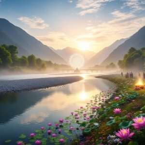 A serene, ethereal scene depicting the Jhelum River gracefully winding through lush green valleys, with vibrant flora and lotus flowers dotting its banks. In the foreground, a majestic view of the Wular Lake under a softly glowing pastel sky, reflecting hues of soft blue, pale pink, and warm gold. The river meanders towards the horizon, where it meets a sacred confluence, symbolized by a glowing mandala with intricate patterns floating above the water. The atmosphere is tranquil and spiritual, with gentle mist and golden sunlight casting an enchanting glow. Indian figures in traditional attire can be seen in the distance, performing rituals along the riverbank, blending heritage with modern digital aesthetics in a hyperrealistic style.