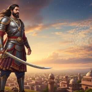 A majestic Indian warrior, Bappa Rawal, clad in intricately detailed armor reflecting traditional Rajput design, stands proudly atop a hill overlooking the ancient city of Rawalpindi. He has long flowing hair and a regal beard, holding a shining sword with ornate engravings. The scene captures the moment of founding, with Rawalpindi depicted as a sprawling city below, bathed in golden sunlight. The sky is a canvas of warm, ethereal hues - deep maroon, saffron, and peacock blue - with soft clouds adding depth. Traditional Indian architectural elements like domes and arches are visible in the cityscape. A large mandala subtly glows in the background, symbolizing Bappa Rawal's enduring legacy. The art style combines hyperrealism with surrealism, blending historical accuracy with a modern digital aesthetic.