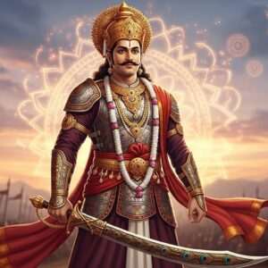 A majestic Indian warrior, Bappa Rawal, stands in full regal attire amidst an ancient battlefield. He is adorned in intricately detailed armor with patterns reminiscent of traditional Indian motifs, blending Madhubani and Pattachitra styles. His armor glows with a golden sheen under the warm sunlight. In his right hand, he holds a magnificent sword with a richly decorated hilt, reflecting strength and valor. His expression is calm yet commanding, exuding an aura of leadership and fearlessness. The backdrop is a surreal landscape with glowing mandalas subtly woven into the sky, enhancing the mystical ambiance. The scene is bathed in deep, rich colors like maroon and peacock blue, contrasting with the serene pastel hues of the horizon. The composition captures a perfect blend of historical grandeur and modern digital artistry, inviting the viewer to delve into his legendary tale.