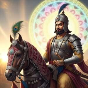 A regal and commanding depiction of Bappa Rawal, the legendary ruler and founder of the Mewar dynasty, sitting atop a majestic, ornately decorated horse. The background features an ancient Rajput fortress set against the rising sun with hues of saffron and gold illuminating the sky. Bappa Rawal is adorned in traditional Rajput armor, intricately designed with patterns inspired by Madhubani and Pattachitra art, highlighted with maroon and peacock blue tones. His eyes convey wisdom and determination, with a subtle aura of spirituality surrounding him. A large, ethereal mandala forms behind him, glowing softly in pastel colors, symbolizing his lasting legacy. The scene captures a blend of historical authenticity and modern digital aesthetics, evoking a sense of honor, valor, and timelessness.