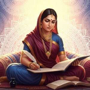 A captivating scene depicting a young Tarabai Shinde seated in a traditional Indian setting, surrounded by an ethereal glow. She is shown studying ancient texts and writing passionately. Her attire is a vibrant blend of traditional Indian clothing in rich maroon and peacock blue, adorned with gold jewelry. Her expression is one of determination and curiosity. The background features intricate patterns inspired by Madhubani and Pattachitra art, with cultural motifs like lotus flowers and mandalas subtly incorporated. The lighting is soft and warm, casting a serene atmosphere, with pastel hues adding to the tranquil and spiritual essence of the scene. The overall composition balances heritage with modern digital aesthetics, inviting readers into her world of learning and inspiration.