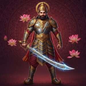 A majestic scene featuring the legendary warrior king Bappa Rawal, standing tall and commanding, exuding an aura of strength and nobility. Dressed in resplendent traditional Rajput armor with intricate gold detailing, he holds a legendary sword, gleaming with a mystical glow, its blade etched with ancient patterns. His stance is powerful, embodying the might and valor of a true warrior king. The background is a blend of rich, deep colors like maroon and peacock blue, adorned with cultural motifs such as lotus flowers and mandalas, creating an ethereal and regal atmosphere. A soft light bathes the scene, highlighting the intricate details of his armor and the serene yet powerful expression on his face. The image merges traditional Indian art aesthetics with a modern digital touch, offering a surreal yet captivating glimpse into the tales of Bappa Rawal's legendary height and sword.