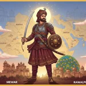 An ethereal depiction of the mighty warrior Bappa Rawal, standing majestically against a backdrop of an expansive empire map extending from Mewar to Rawalpindi. He is dressed in intricately detailed traditional Rajput armor with ornate patterns reminiscent of Madhubani and Pattachitra art. His posture exudes power and confidence, holding a gleaming sword in one hand and a shield in the other, surrounded by symbols of his legacy, like fortresses and palaces. The scene is bathed in a warm, golden glow with subtle hints of maroon and peacock blue, creating a surreal atmosphere. In the sky, soft, pastel-colored clouds form faint outlines of Rajputana architectural motifs. The overall tone is majestic and historically rich, blending traditional aesthetics with a modern digital art style.