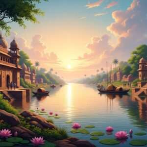 An ethereal scene of the sacred Hooghly River winding gracefully through lush, verdant landscapes under a serene, pastel-hued sky. The river glows with a gentle, golden light, reflecting the soft, warm colors of the sunrise. Along its banks, traditional Indian architecture with intricate carvings and vibrant cultural motifs stand proudly, symbolizing the river's rich heritage. Lotus flowers float on the calm water surface, adding a touch of spirituality and tranquility. The entire image is bathed in a surreal, dreamlike quality with a focus on harmony and mindfulness, blending traditional Indian art with modern digital aesthetics.