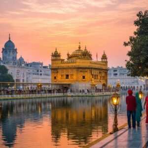 A serene, ethereal depiction of the Golden Temple at sunset, its golden domes reflecting the warm hues of the setting sun. The scene captures the intricate architectural details of the temple, surrounded by a tranquil water body, mirroring the temple's golden glow. The foreground features a bustling yet harmonious heritage street, with people of all ages, dressed in traditional Indian attire, walking towards the temple. Lush, vibrant trees line the street, while softly glowing lanterns create a warm, inviting ambiance. The sky is painted in pastel shades of pink, orange, and gold, adding to the spiritual and serene atmosphere. The overall composition is hyperrealistic and dreamlike, with a focus on tranquility, spirituality, and cultural richness.