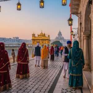 A serene, ethereal depiction of Amritsar's Heritage Street leading to the Golden Temple. The scene features a vibrant, bustling street with Indian men and women in traditional attire, showcasing rich colors like maroon, saffron, and peacock blue. Intricate patterns and cultural motifs adorn the architecture, with glowing lanterns and soft, warm lights creating an inviting atmosphere. In the background, the Golden Temple shines majestically under a pastel-hued sky, its reflection shimmering in calm water. The image captures a harmonious blend of heritage and modernity, evoking a sense of spiritual journey and cultural richness. The overall tone is tranquil and inspiring, perfect for drawing readers into the article.