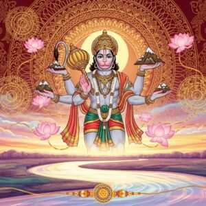 An ethereal and surreal depiction of Lord Hanuman standing majestically in the center, exuding divine strength and protection. He is depicted with his traditional form, including a strong, muscular build, and his signature mace (gada) held in one of his four hands. In another hand, he holds a small mountain, while the other two hands are in a blessing pose. The background is a mesmerizing blend of deep saffron and maroon hues with intricate golden patterns reminiscent of Pattachitra art. Glowing mandalas and lotus flowers float around him, creating an aura of tranquility and power. The setting includes a serene river with soft, pastel-colored reflections of the sky, embodying peace and protection. Indian cultural motifs subtly integrated into the scene, symbolizing the spiritual essence of Raksha Bandhan. The lighting is soft yet radiant, highlighting the protective energy and divine presence of Hanuman.