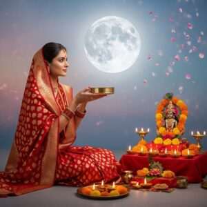 A serene and ethereal scene depicting a traditional Indian woman in an intricately designed red and gold saree, sitting gracefully under a night sky illuminated by a large, glowing full moon. She is holding a sieve, gazing through it with devotion, symbolizing Karwa Chauth. Beside her, a peaceful altar set for Satyanarayan Puja with a decorated idol of Lord Vishnu, surrounded by glowing diyas and vibrant marigold flowers. The background features a soft pastel color palette with subtle mandala patterns and gently falling petals, creating an atmosphere of tranquility and spirituality. The scene should have a hyperrealistic and surreal touch, blending traditional Indian motifs with modern digital aesthetics, focusing on cultural richness and divine serenity.