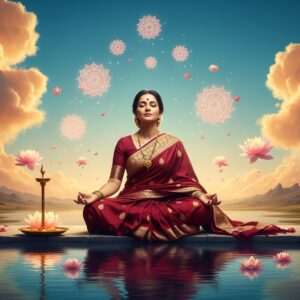 An Indian woman in a serene, ethereal setting, sitting gracefully by a calm, reflective water surface. She is dressed in a vibrant maroon saree with intricate gold patterns, symbolizing traditional yet modern elegance. Her eyes are closed in contemplation, exuding wisdom and tranquility. Around her, glowing mandalas and lotus flowers float gently in the air, their soft pastel colors—pale pink and warm gold—casting a gentle light. In the background, a surreal, dreamy landscape unfolds with peacock blue skies and saffron-hued clouds. The scene is infused with a sense of inspiration and transformation, inviting the viewer into a world where words have the power to change lives. The art style is hyperrealistic with spiritual undertones, balancing heritage with innovation.