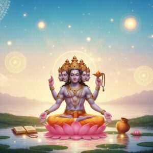 A serene, ethereal scene depicting Lord Brahma, the four-headed creator deity of Hinduism, seated on a lotus amidst a tranquil, softly glowing lake. His traditional attributes, such as the Vedas, a water pot, and a string of prayer beads, are delicately placed around him. The background features a surreal pastel-colored sky with soft blue and warm gold hues, adorned with floating, glowing mandalas. Intricate patterns of Madhubani and Pattachitra art subtly weave through the scene, adding depth and cultural richness. The atmosphere is calm and introspective, inviting viewers to ponder the mysteries surrounding Brahma's lack of widespread worship. The art style is hyperrealistic with modern digital aesthetics, ensuring a captivating and immersive visual experience.