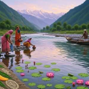A breathtaking scene of the sacred Beas River, flowing majestically through a lush, verdant valley. The water glistens with a soft, ethereal glow, reflecting the hues of a pastel sunrise in the sky above. Intricate patterns and motifs from traditional Indian art subtly decorate the riverbanks, with lotus flowers floating serenely on the surface. In the background, majestic snow-capped peaks rise against a serene sky, symbolizing the river's origin in the Himalayas. A group of Indian villagers in traditional attire are seen by the river, engaged in daily activities, embodying cultural harmony. The overall atmosphere is tranquil and spiritual, capturing the river's significance and its role in nurturing life and culture. The art style is a harmonious blend of traditional and modern digital aesthetics, emphasizing tranquility and sacredness.