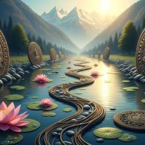 A serene, ethereal depiction of the Kanhar River winding through lush, verdant landscapes. The river glistens under a soft, glowing light, reflecting hues of pastel blue and warm gold. Along its banks, traditional Indian motifs like intricate lotus flowers and mandalas subtly blend into the natural scenery. In the background, a distant view of the river's origin from the hills, with tributaries gracefully merging into the main stream, creating an interconnected web of water paths. The scene is peaceful and spiritual, inviting viewers into a tranquil journey through nature's harmonious beauty. The art style is hyperrealistic with a touch of surrealism, capturing both the sacred essence and the modern aesthetic allure of this majestic river.