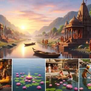 A serene and ethereal depiction of the Kanhar River's sacred journey, starting from its tranquil origin amidst lush, verdant hills under a pastel-hued sunrise. The river flows gracefully through the landscape, winding past ancient temples adorned with intricate carvings, reflecting the golden saffron and maroon tones of the architecture. Along the banks, Indian villagers in traditional attire are engaged in peaceful activities, like offering prayers or collecting water in traditional pots. The river's confluence is depicted as a vibrant meeting point of waters, where shimmering mandalas and lotus flowers float on the surface, symbolizing unity and spiritual harmony. The scene is bathed in a warm, glowing light that enhances the mystical and spiritual essence of the journey, capturing a perfect blend of cultural heritage and modern digital aesthetics.